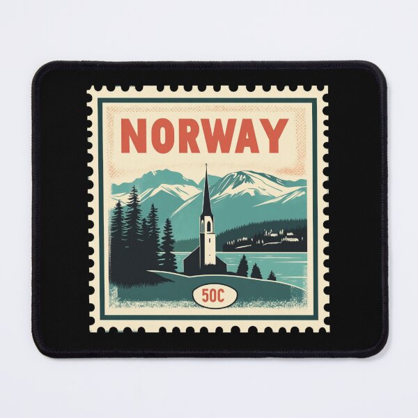 Item preview, Vintage Norway Postage Stamp Art - Fjord & Stave Church designed and sold by tiigerdad.