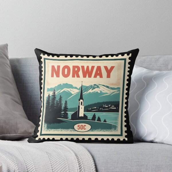 Item preview, Vintage Norway Postage Stamp Art - Fjord & Stave Church designed and sold by tiigerdad.