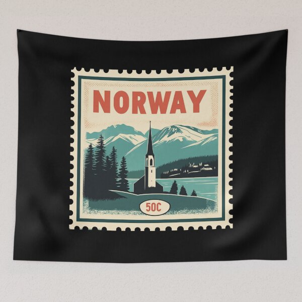 Item preview, Vintage Norway Postage Stamp Art - Fjord & Stave Church designed and sold by tiigerdad.