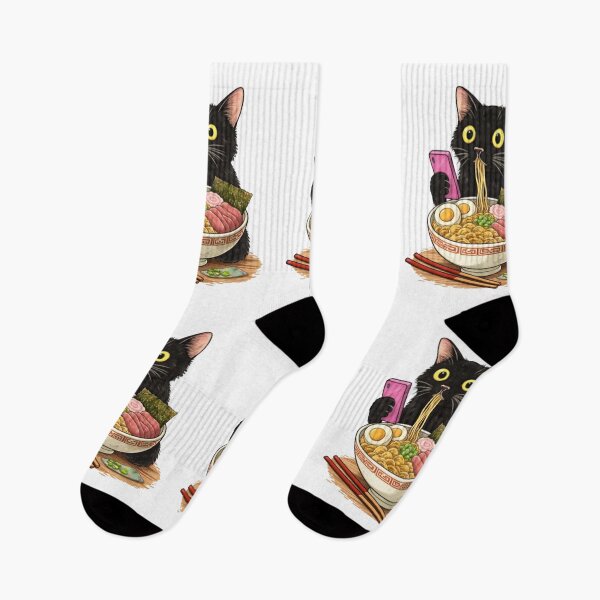 Aperçu de l'œuvre Cute Black Cat Eating Ramen While Using Phone – Funny Kawaii Food Design créée et vendue par Elgrande2027.