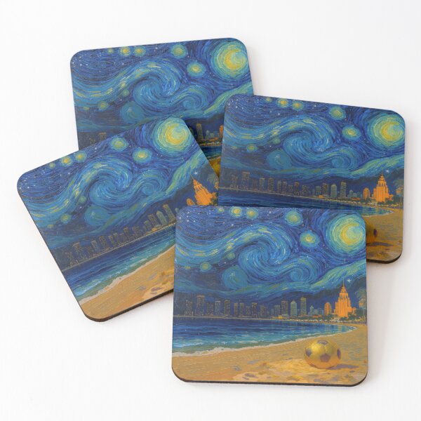Item preview, Golden Miami Starry Night Beach Soccer Fine Art Print Impasto Oil Painting designed and sold by BrickByDream.