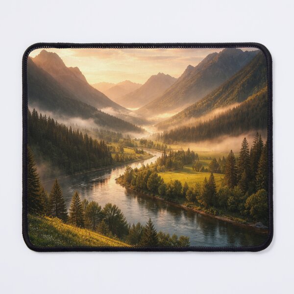 Item preview, Golden Hour Mountain Valley Landscape with River and Mist designed and sold by M&M Lifestyle Hub.