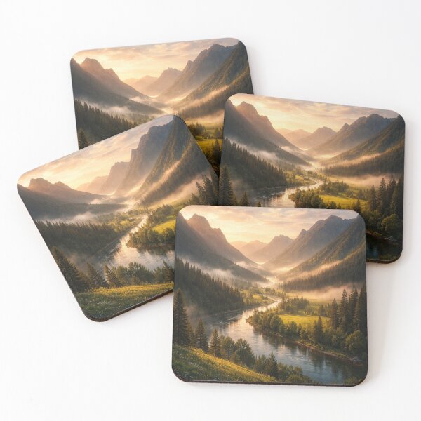 Item preview, Golden Hour Mountain Valley Landscape with River and Mist designed and sold by M&M Lifestyle Hub.