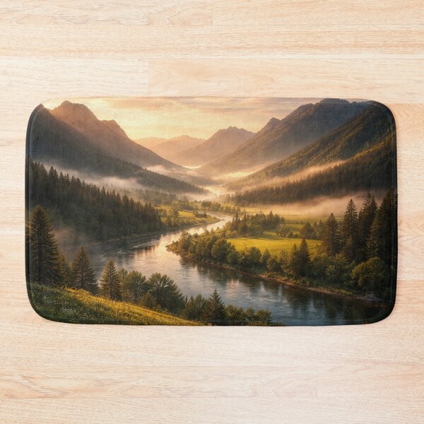 Item preview, Golden Hour Mountain Valley Landscape with River and Mist designed and sold by M&M Lifestyle Hub.