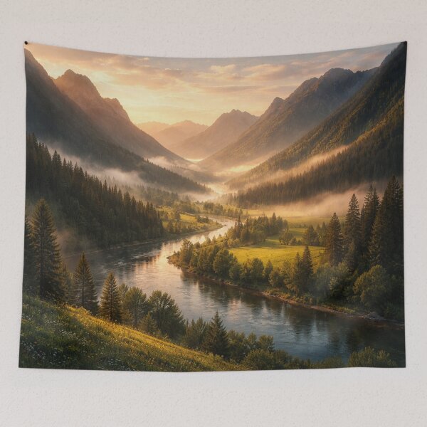 Item preview, Golden Hour Mountain Valley Landscape with River and Mist designed and sold by M&M Lifestyle Hub.