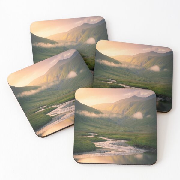 Item preview, Golden Hour Mountain Valley Landscape with River and Mist designed and sold by M&M Lifestyle Hub.