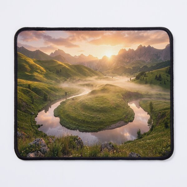 Item preview, Golden Hour Mountain Valley Landscape with River and Mist designed and sold by M&M Lifestyle Hub.