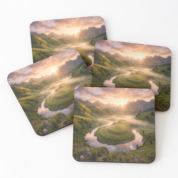 Item preview, Golden Hour Mountain Valley Landscape with River and Mist designed and sold by M&M Lifestyle Hub.