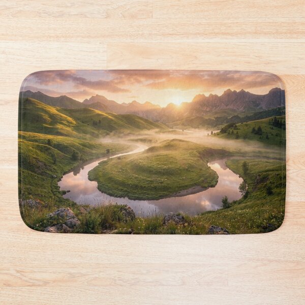Item preview, Golden Hour Mountain Valley Landscape with River and Mist designed and sold by M&M Lifestyle Hub.