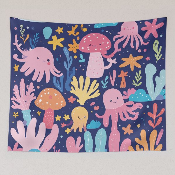 Item preview, Kawaii Octopus & Coral Midnight Pattern designed and sold by BestChoiceService.