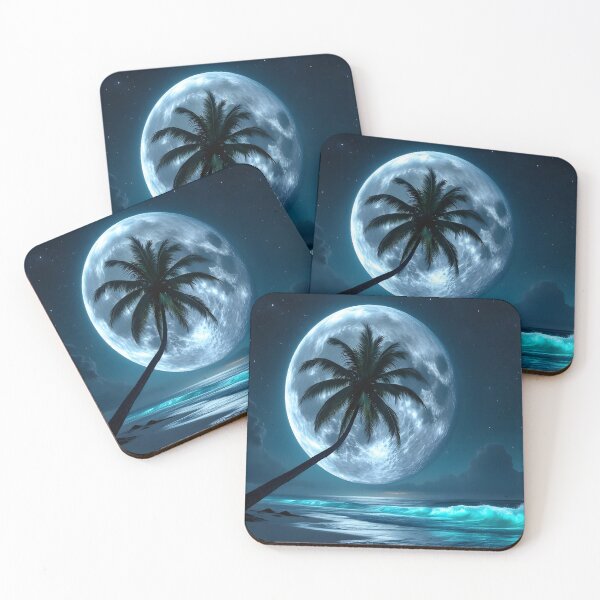 Item preview, Moonlit Tropical Beach with Palm Tree Silhouette – Glowing Ocean Night Art designed and sold by DreamyWallVibes.