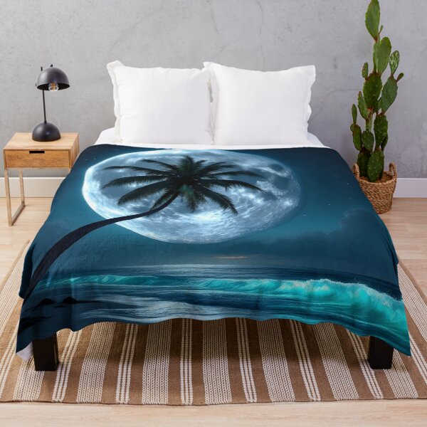 Item preview, Moonlit Tropical Beach with Palm Tree Silhouette – Glowing Ocean Night Art designed and sold by DreamyWallVibes.