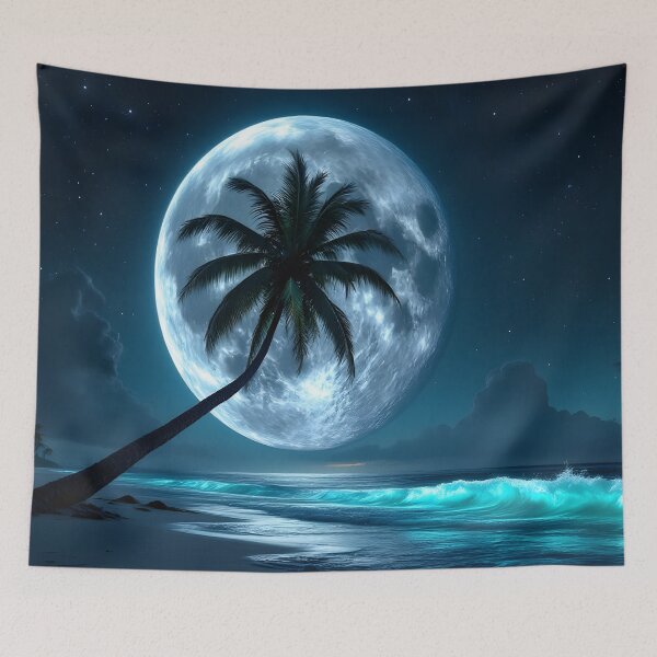 Item preview, Moonlit Tropical Beach with Palm Tree Silhouette – Glowing Ocean Night Art designed and sold by DreamyWallVibes.