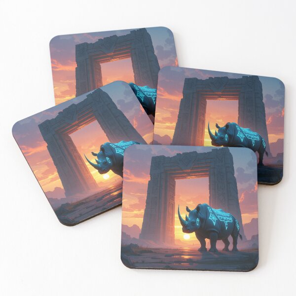 Item preview, Glowing Rune Rhino at Ancient Portal – Futuristic Fantasy Sunset Artwork designed and sold by DreamyWallVibes.