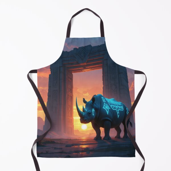 Item preview, Glowing Rune Rhino at Ancient Portal – Futuristic Fantasy Sunset Artwork designed and sold by DreamyWallVibes.