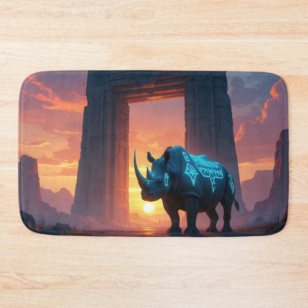 Item preview, Glowing Rune Rhino at Ancient Portal – Futuristic Fantasy Sunset Artwork designed and sold by DreamyWallVibes.