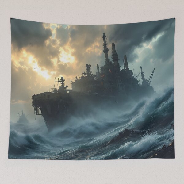Item preview, Cinematic Storm Oil Rig at Sea – Dramatic Industrial Ocean Waves Artwork designed and sold by DreamyWallVibes.