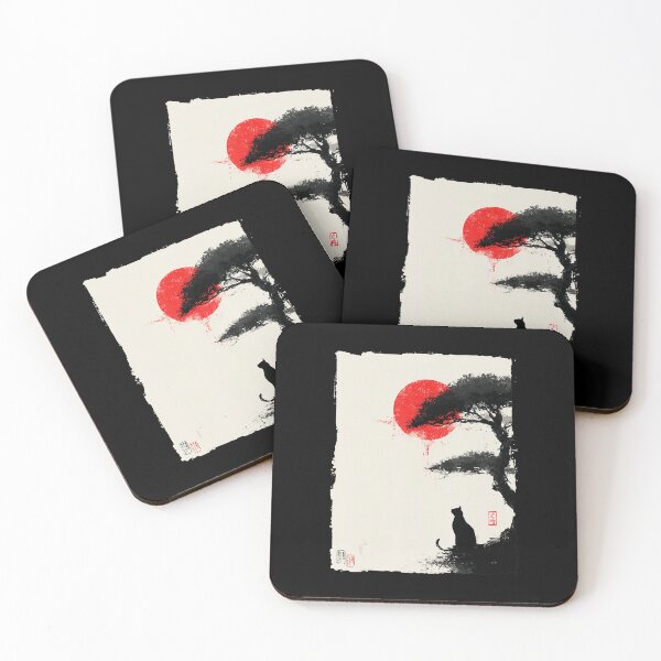 Item preview, Japanese Sumi-e Cat Silhouette Red Sun Minimalist Ink designed and sold by titanlevi.