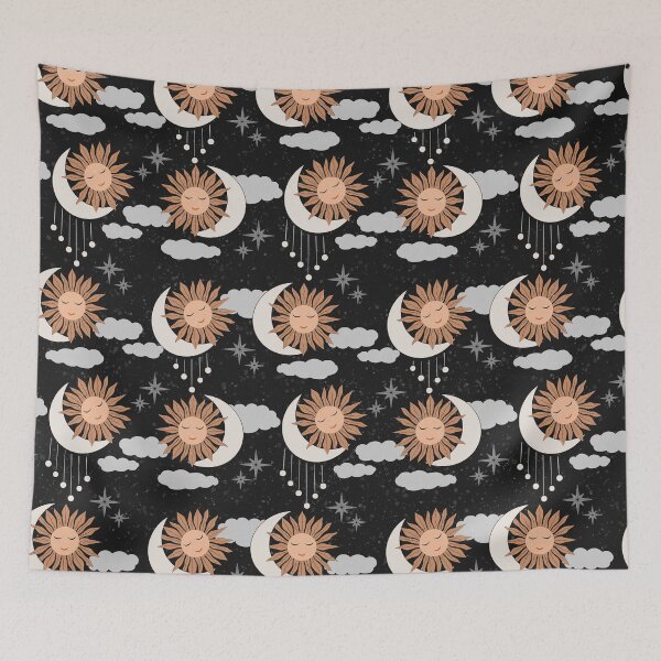 Item preview, Medium scale of Black Celestial Sun Moon Pattern Boho Night Sky Art designed and sold by DColourMuse.