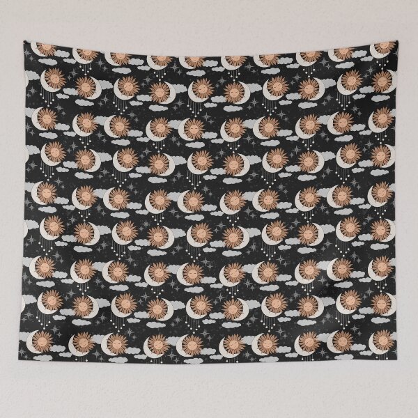 Item preview, Small scale of Black Celestial Sun Moon Pattern Boho Night Sky Art designed and sold by DColourMuse.