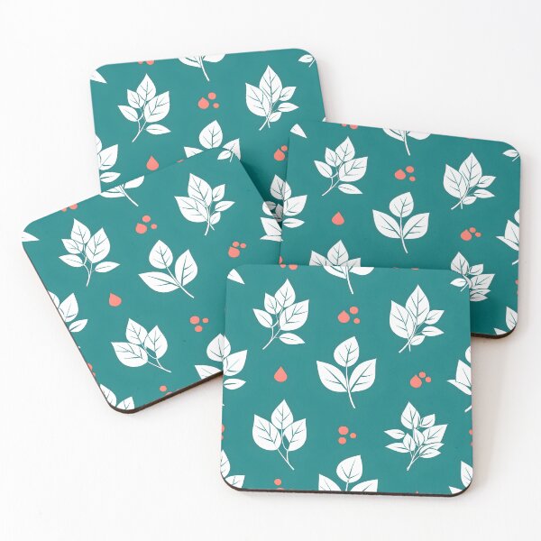 Item preview, Minimalist Botanical Seamless Pattern – White Leaves & Coral Dots on Dark Teal designed and sold by HolmeProud.