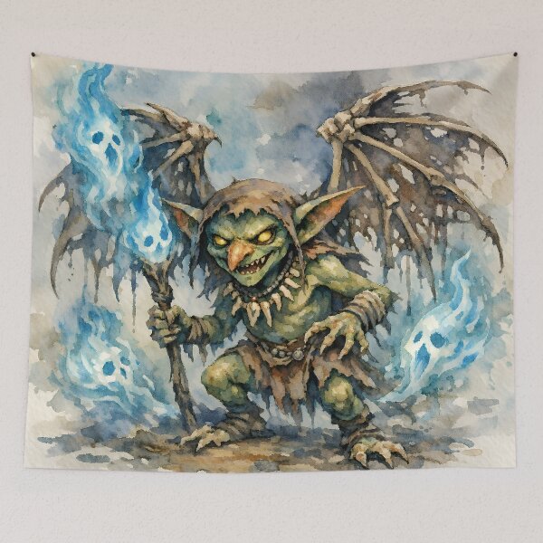 Item preview, Watercolor Goblin Wizard – Dark Fantasy Creature with Blue Fire Magic | Goblincore Art designed and sold by cr6zym1nd.