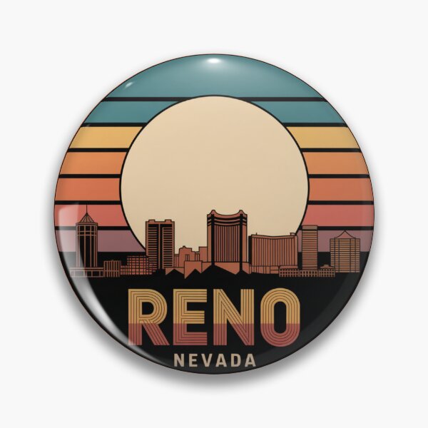 Item preview, Reno Nevada: Teal Orange Yellow Sunset Skyline Badge designed and sold by CircinusStore.