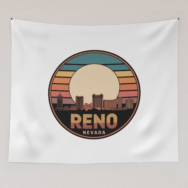 Item preview, Reno Nevada: Teal Orange Yellow Sunset Skyline Badge designed and sold by CircinusStore.