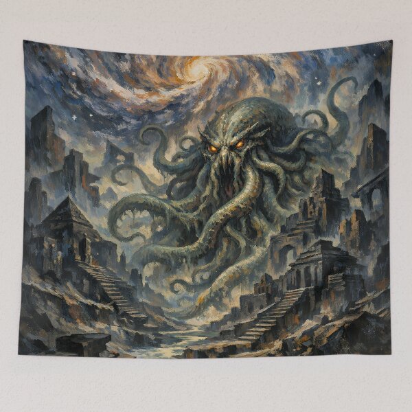 Item preview, Eldritch Cosmic Horror Creature Rising Over Ancient Ruins | Dark Fantasy Oil Painting designed and sold by cr6zym1nd.