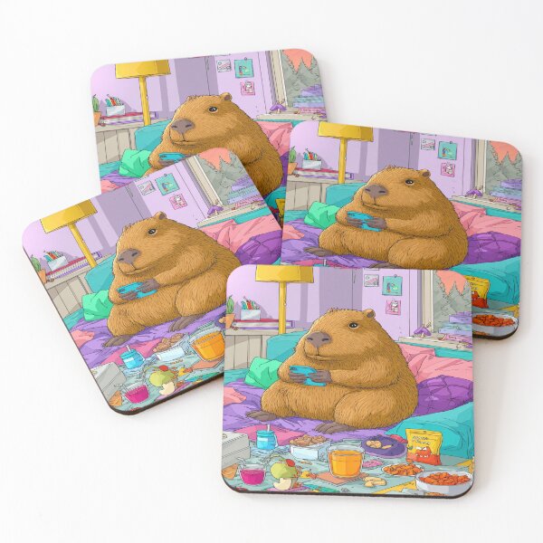Item preview, Capybara Chilling with Phone and Snacks on Bed designed and sold by NicolasGlowArt.