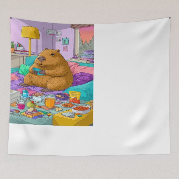 Item preview, Capybara Chilling with Phone and Snacks on Bed designed and sold by NicolasGlowArt.