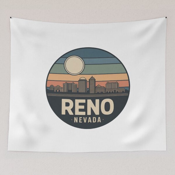 Item preview, Reno Nevada: Blue Green Orange Red Sunset Skyline Badge designed and sold by CircinusStore.