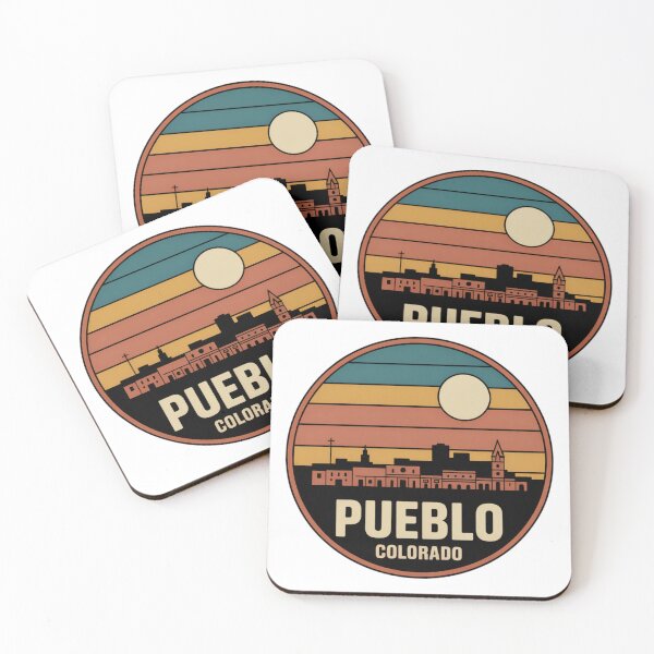 Item preview, Pueblo Colorado: Retro Blue Yellow Orange Sunset Skyline Badge designed and sold by CircinusStore.