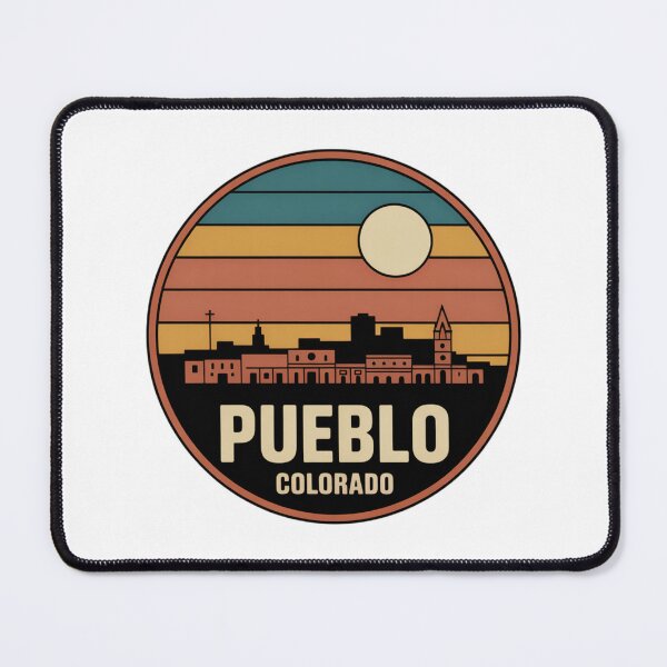 Item preview, Pueblo Colorado: Retro Blue Yellow Orange Sunset Skyline Badge designed and sold by CircinusStore.