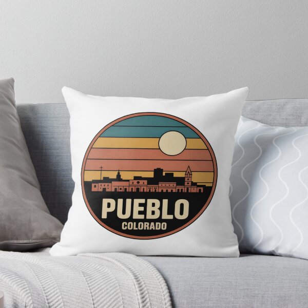 Item preview, Pueblo Colorado: Retro Blue Yellow Orange Sunset Skyline Badge designed and sold by CircinusStore.