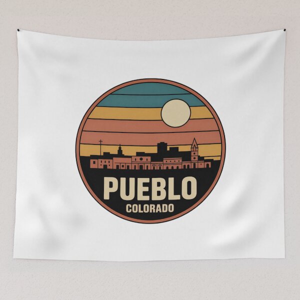 Item preview, Pueblo Colorado: Retro Blue Yellow Orange Sunset Skyline Badge designed and sold by CircinusStore.