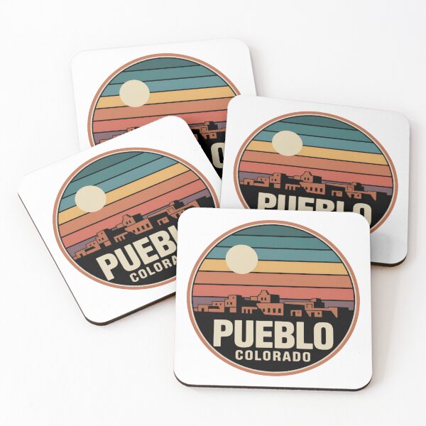 Item preview, Pueblo Colorado: Retro Teal Orange Pink Sunset Skyline Badge designed and sold by CircinusStore.