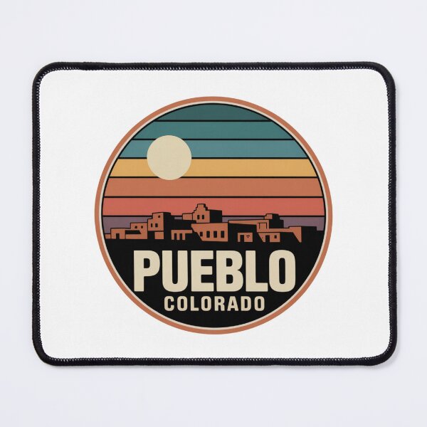 Item preview, Pueblo Colorado: Retro Teal Orange Pink Sunset Skyline Badge designed and sold by CircinusStore.
