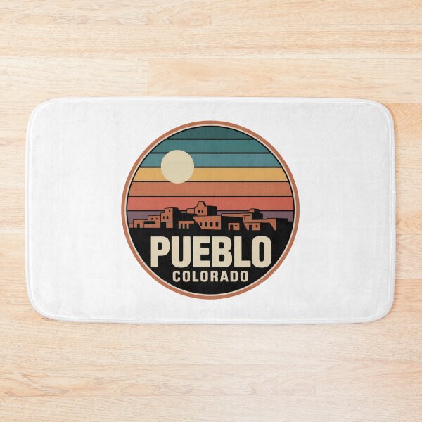 Item preview, Pueblo Colorado: Retro Teal Orange Pink Sunset Skyline Badge designed and sold by CircinusStore.