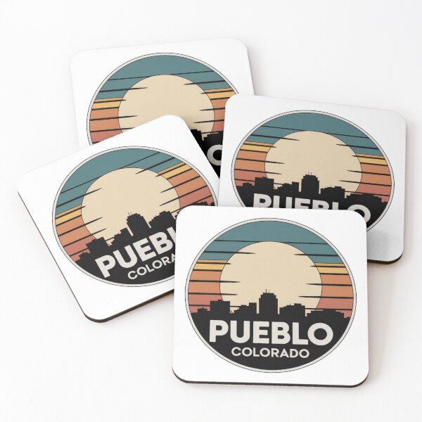 Item preview, Pueblo Colorado: Retro Teal Yellow Orange Sunset Moon Skyline Badge designed and sold by CircinusStore.