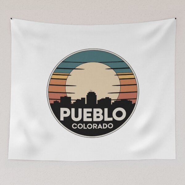Item preview, Pueblo Colorado: Retro Teal Yellow Orange Sunset Moon Skyline Badge designed and sold by CircinusStore.