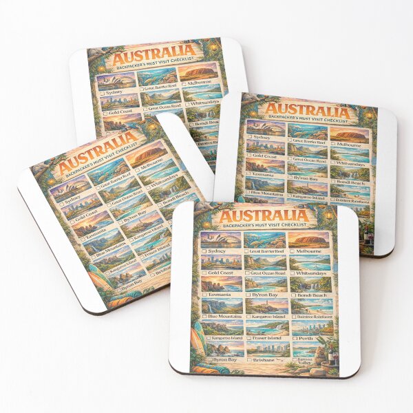 Item preview, Australia Backpacker Must Visit Checklist Sydney Great Barrier Reef Uluru Gold Coast Map designed and sold by Aryabek.