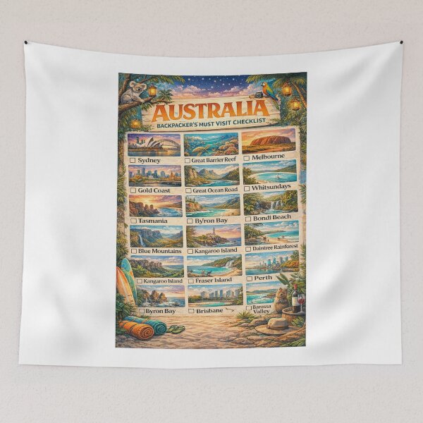 Item preview, Australia Backpacker Must Visit Checklist Sydney Great Barrier Reef Uluru Gold Coast Map designed and sold by Aryabek.