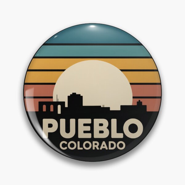 Item preview, Pueblo Colorado: Blue Orange Red Sunset Skyline Badge designed and sold by CircinusStore.