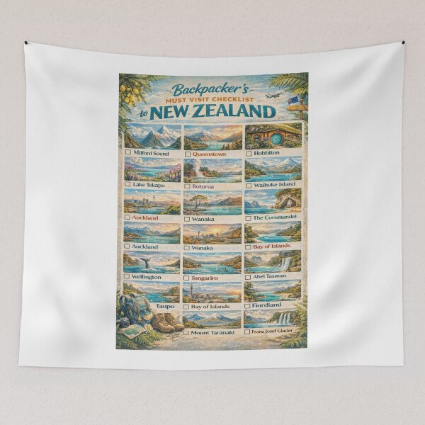 Item preview, New Zealand Backpacker Must Visit Checklist Milford Sound Queenstown Rotorua Fiordland Map designed and sold by Aryabek.