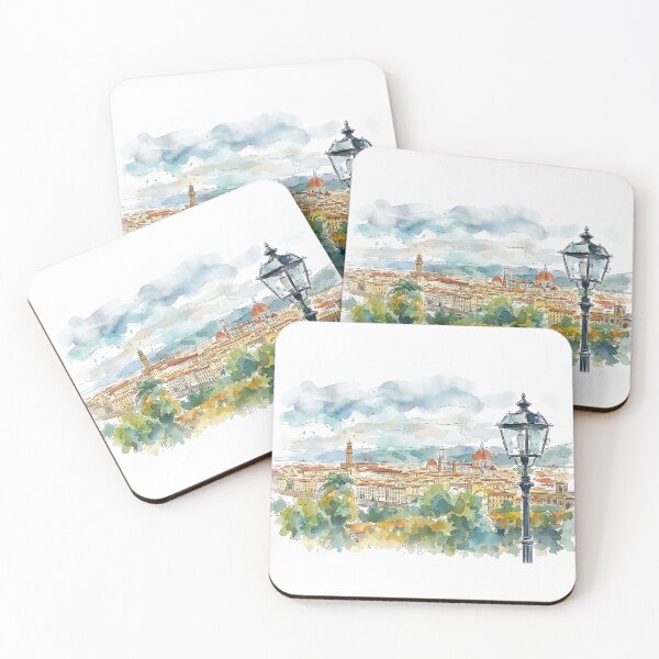 Item preview, Dreamy Watercolor of Florence Skyline with Cathedral and Classic Street Lamp designed and sold by clausbjoern.