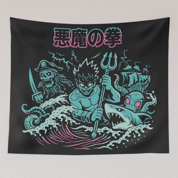 Item preview, Demon's Fist Japanese Retro Streetwear – Kraken & Shark Sea Battle designed and sold by Teeseas Wave.