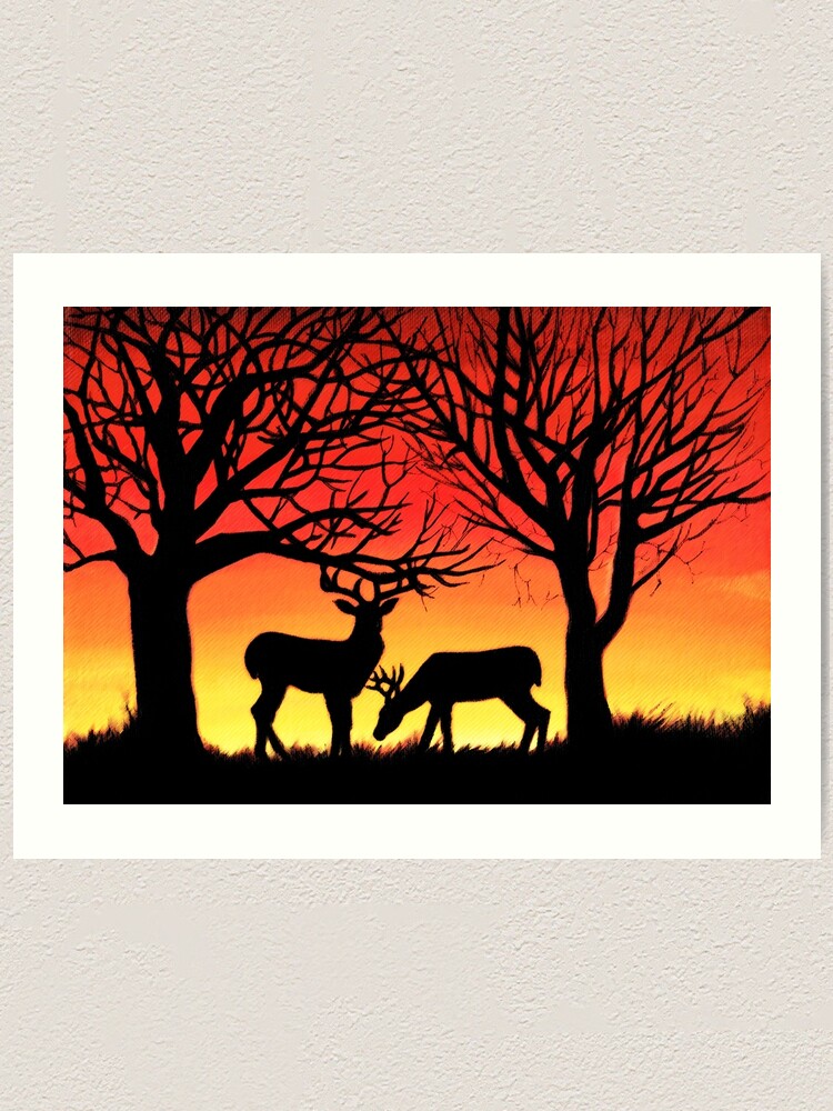 Deer Sunset Silhouette Wall Art