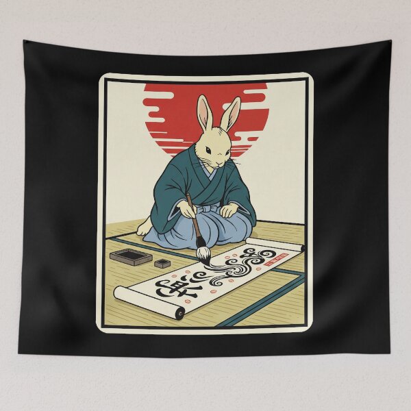 Item preview, Rabbit Calligrapher Japanese Art Ink Painting Aesthetic designed and sold by JordynLadukeg65.