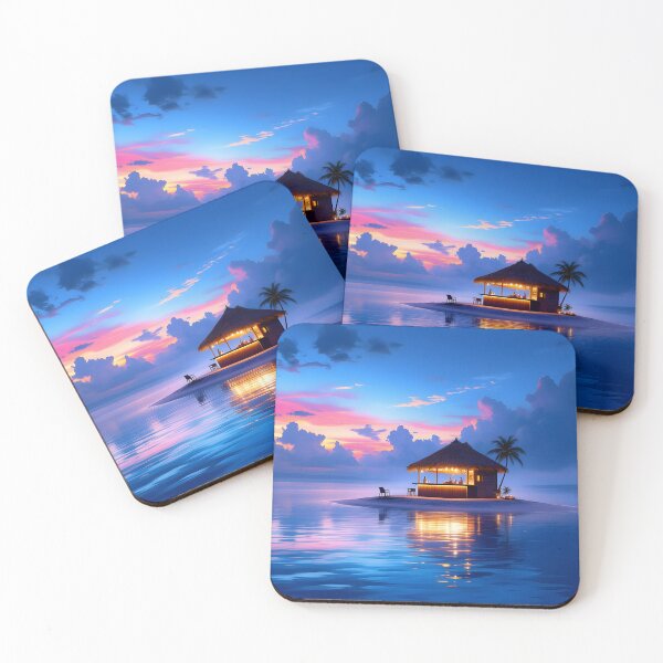 Item preview, Tropical Island Sunset Bar Art Print  Calm Ocean Paradise Aesthetic Wall Art designed and sold by DreamyWallVibes.